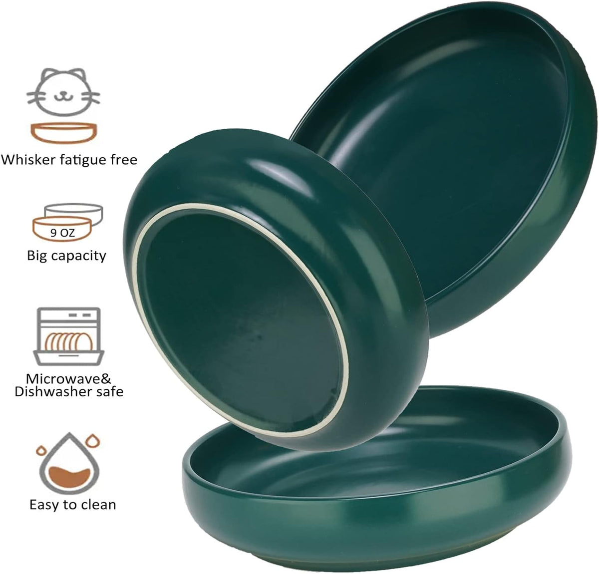 Ceramic Cat Bowls, Shallow Cat Dishes for Food and Water - Blackish green-3pack - image 2