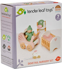 Tender Leaf Toys wooden dollhouse furniture nursery set with cot, high chair, pram and baby - view 19