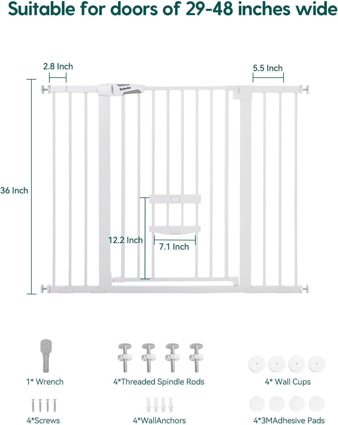 Babelio 36" Tall Pet Gate with Cat Door, CatPrivilege II, 29-40" - White / 29-48" Wide, 36" Tall - image 2