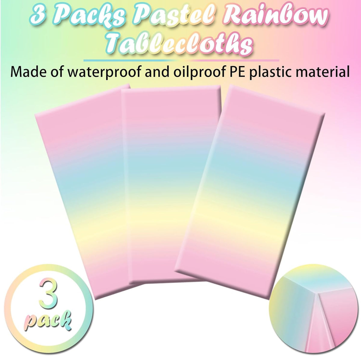 BHEYA pastel rainbow tablecloth with gradient colors on a rectangular party table - view 2