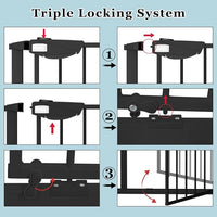 WAOWAO Triple Lock Baby Gate Extra Wide 72.04-76.77" Pressure Mounted Walk Through Swing Auto Close Safety Black Metal Dog Pet Puppy Cat for Stairs,Doorways,Kitchen