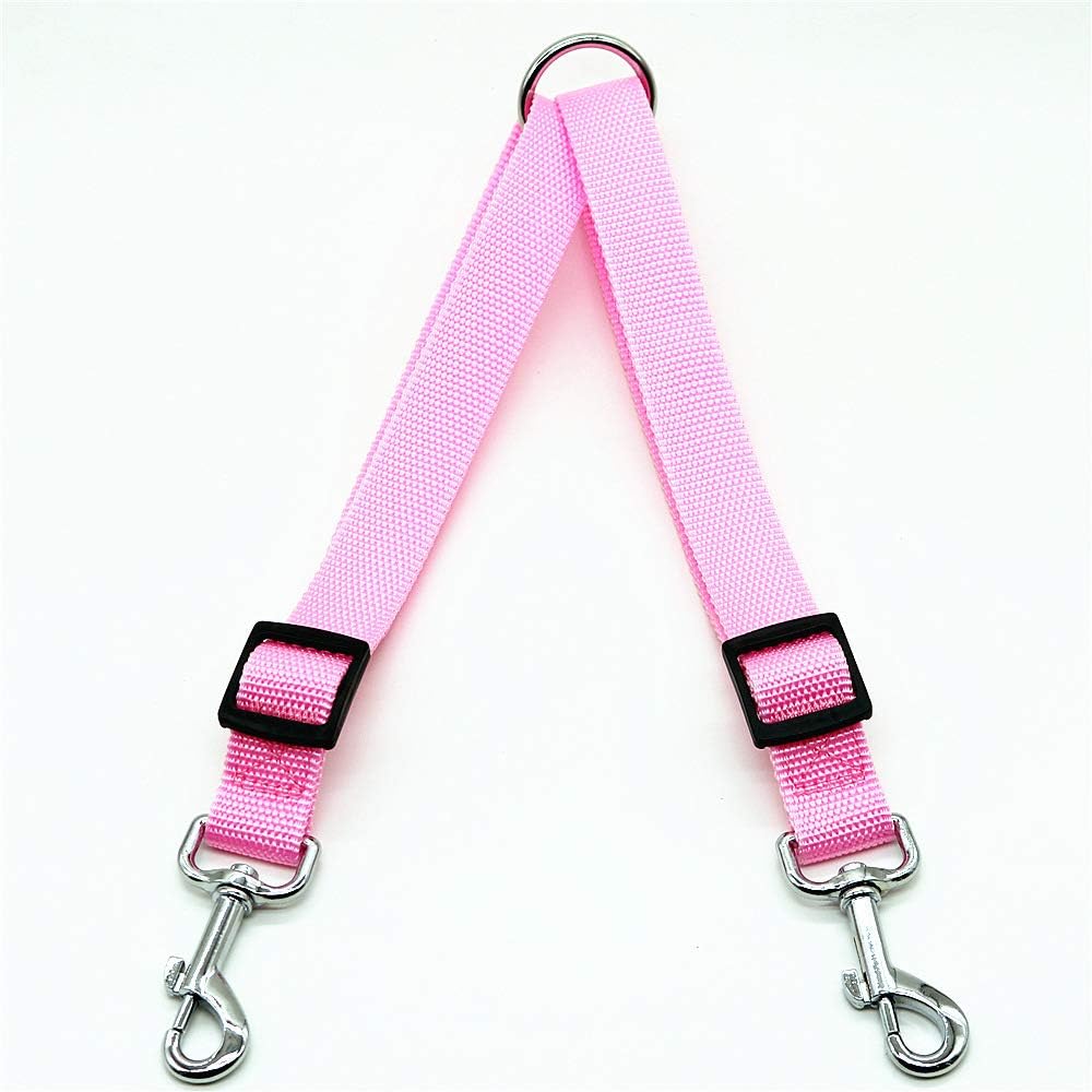 HTKJ pink nylon no tangle dog leash coupler with alloy clips, adjustable length