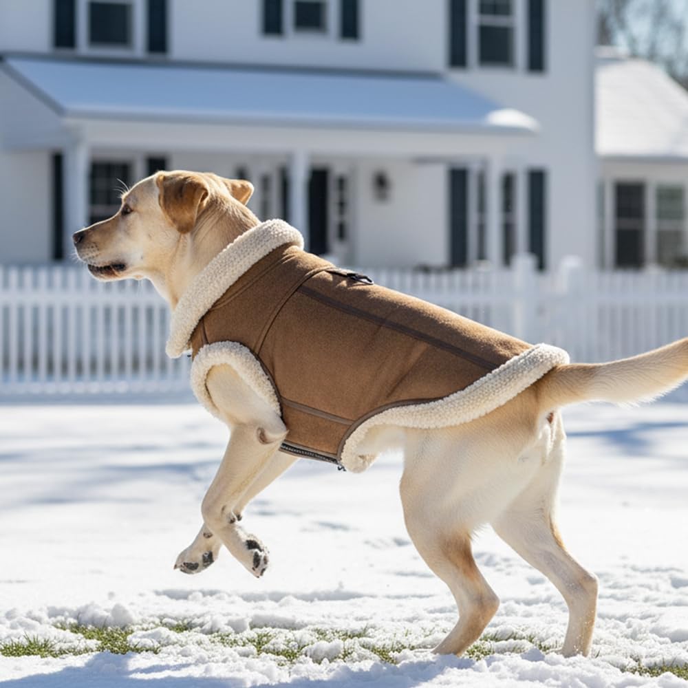 Retro Aviator Dog Jacket – Faux Leather Winter Coat with Plush Sherpa Fleece Lining for Bulldog - Coffee / XX-Large - image 4