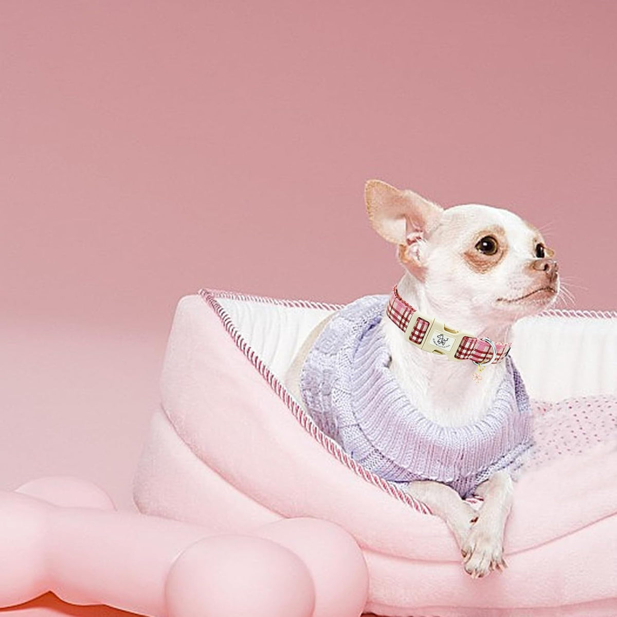 Elegant little tail Dog Collar - Pink Plaid / Small (Pack of 1) - image 4