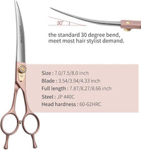 Fenice Peak Professional Curved Dog Grooming Scissors 8'' Rose Gold 440C Stainless Steel Pet Cutting Shears Safety Trimming Shearing for Dogs Cats