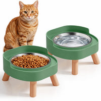 Elevated Cat Bowls, 2P Raised Cat Food and Water Bowl Set for Indoor Cats, Splash Proof with 2 - 2P Cat Bowls - Green
