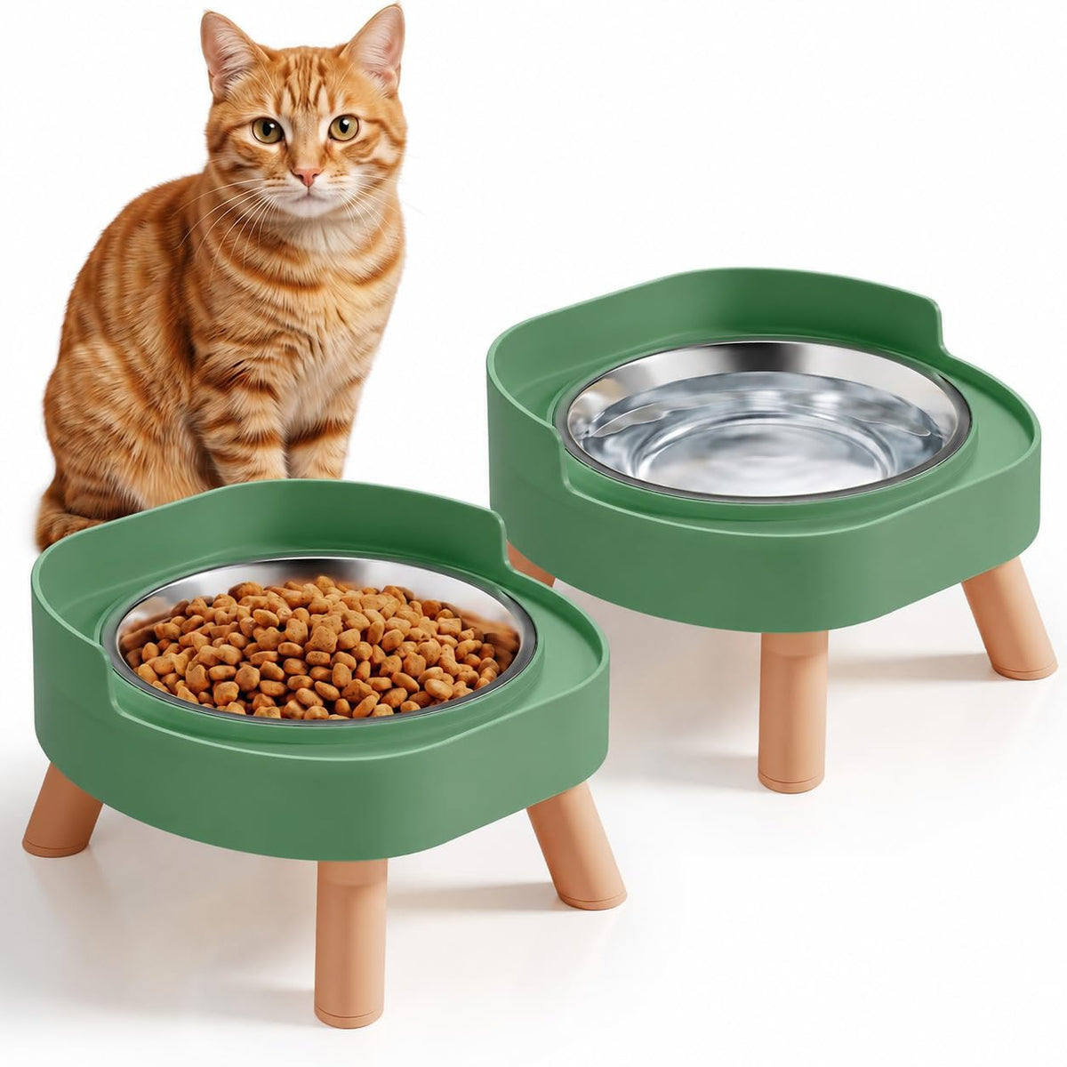 Elevated Cat Bowls, 2P Raised Cat Food and Water Bowl Set for Indoor Cats, Splash Proof with 2 - 2P Cat Bowls - Green