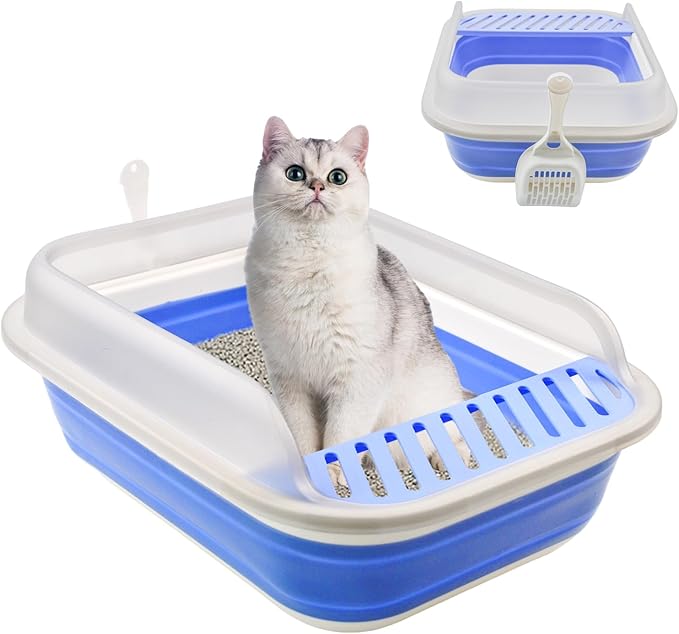 High Sided Cat Litter Box, Anti-Splashing Low Entry Cats Litter Pan with Scoop Collapsible Foldable Shallow Kitten Potty Toilet Waterproof Cat Travel Litterbox Semi-Enclosed Easy Clean(Blue)