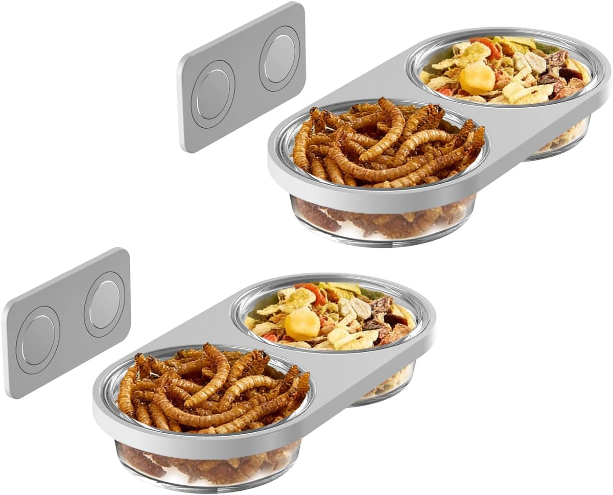 Magnetic Reptile Feeding Ledge with 2 Pack Plastic Bowls Food Feeder - Gray(Pack of 2） / Magnetic-Mounted