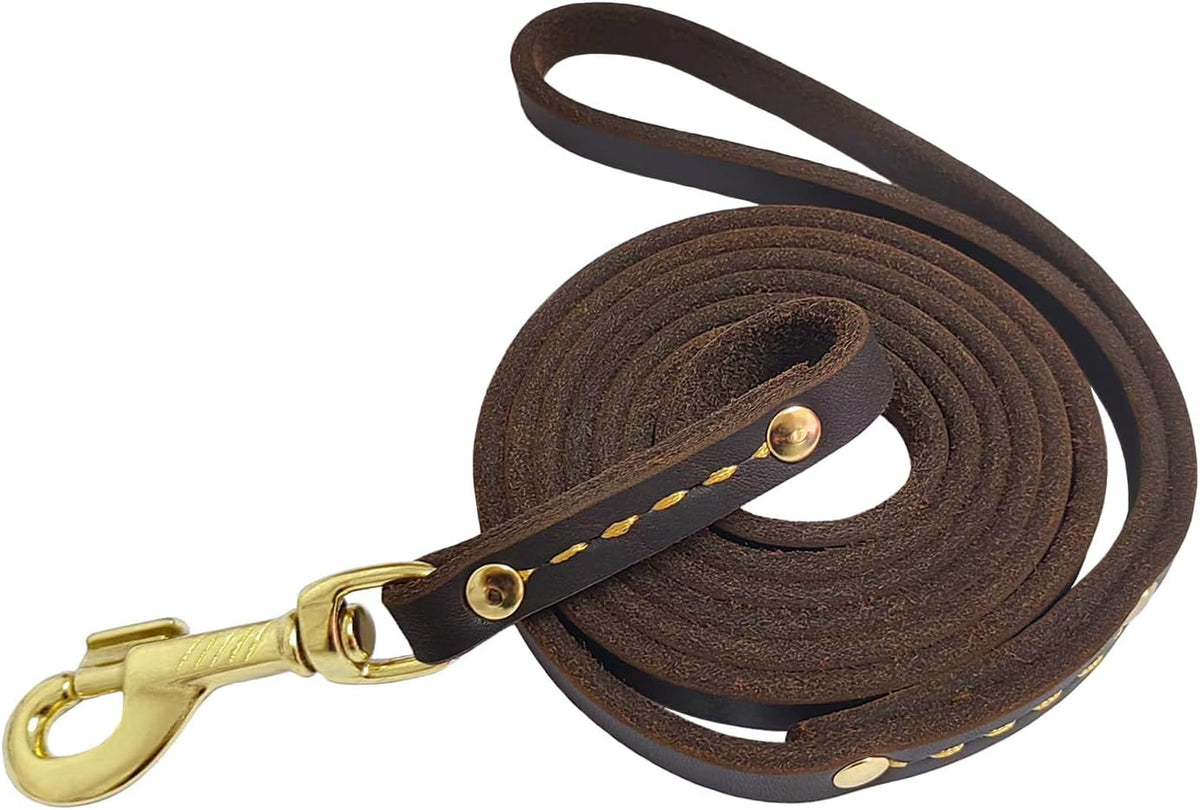Genuine leather dog leash 6 ft by 1/2 inch with rotating copper hook and soft handle
