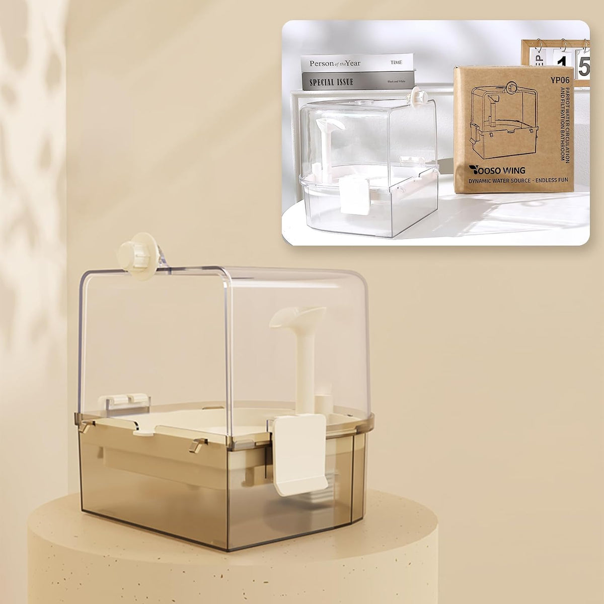 Water Circulation Bird Bath, Hanging Cage Shower Box – Essentials for Birds - Light brown - image 3