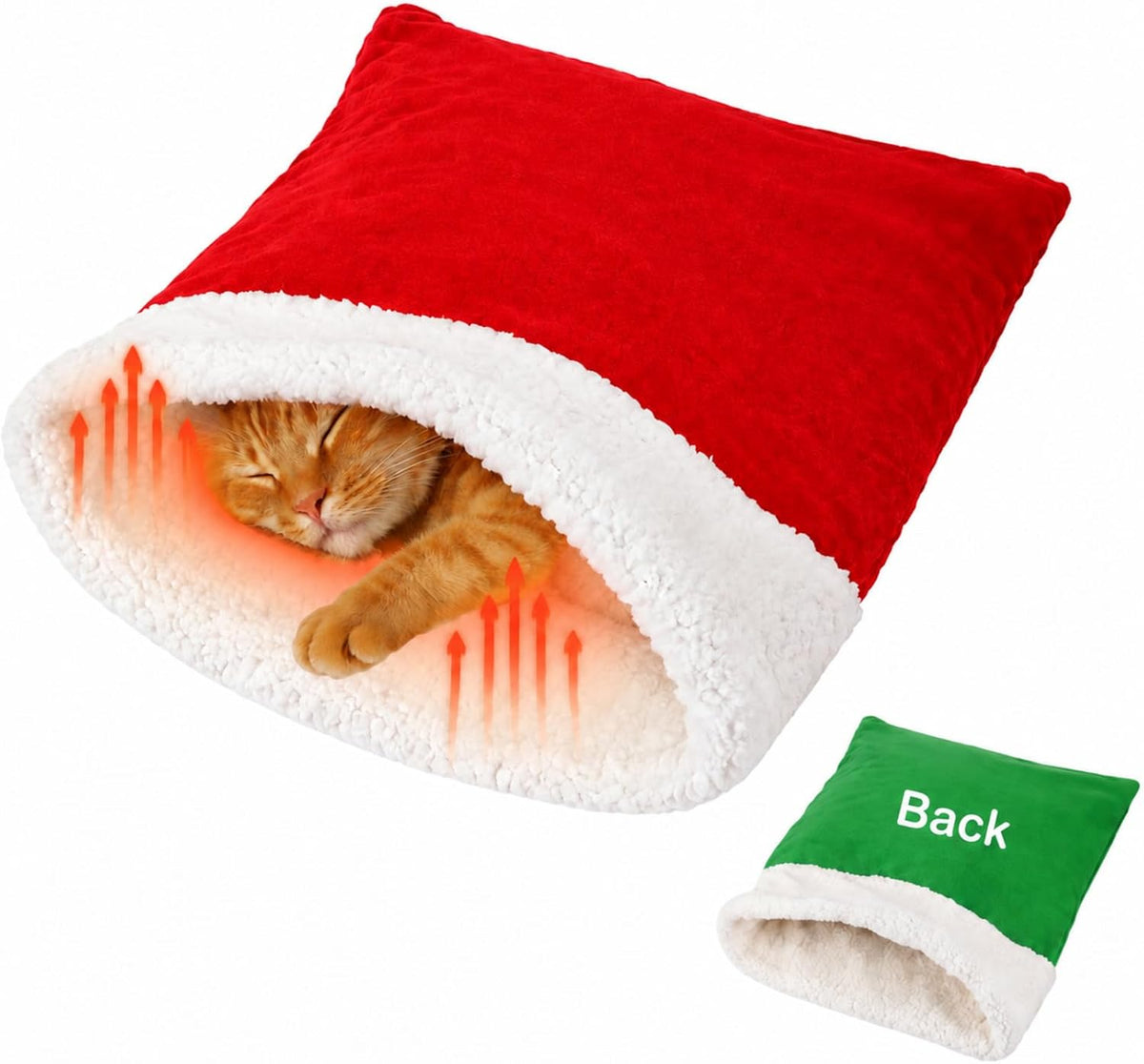 Self Heating Cat Sleeping Bag Indoor Self Warming Cat Bed Cave Heated - Christmas / Red and Green