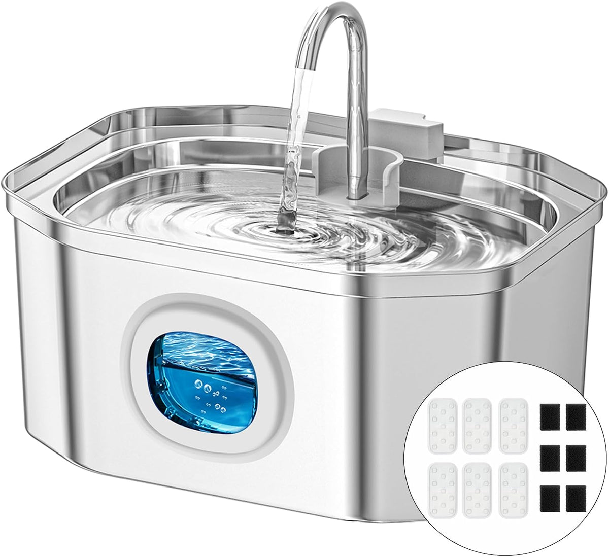APAUK Cat Water Fountain Stainless Steel - Fountain +6 Filters +6 Sponges