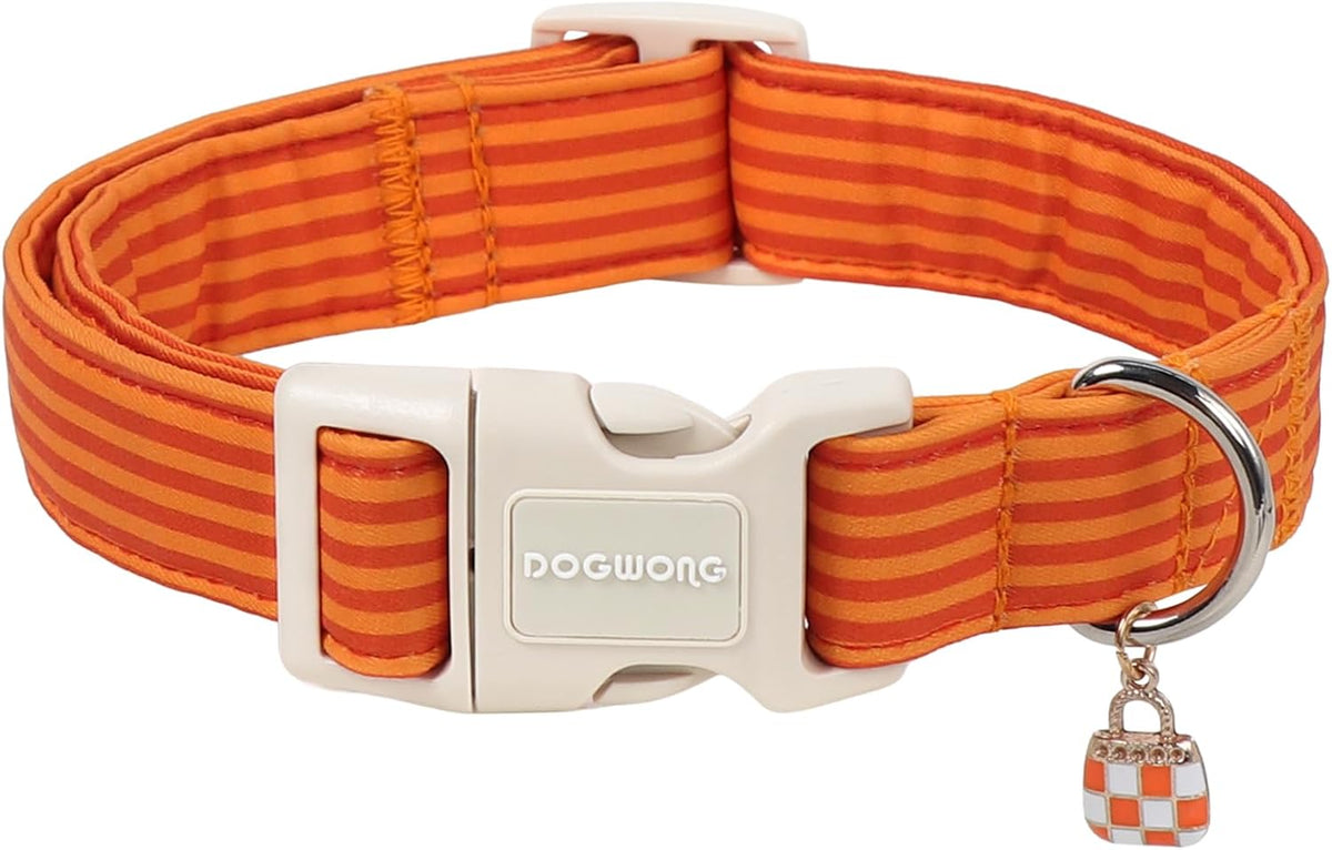 Brown Checked Dog Collar, Autumn Plaid Dog Collar - Z: Orange Strip / Large (Pack of 1)