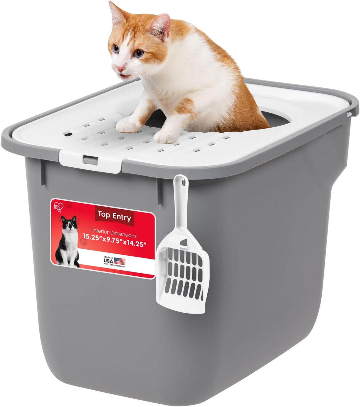 IRIS USA High Sided Cat Litter Box, Scatter Shield - Top Entry / Gray