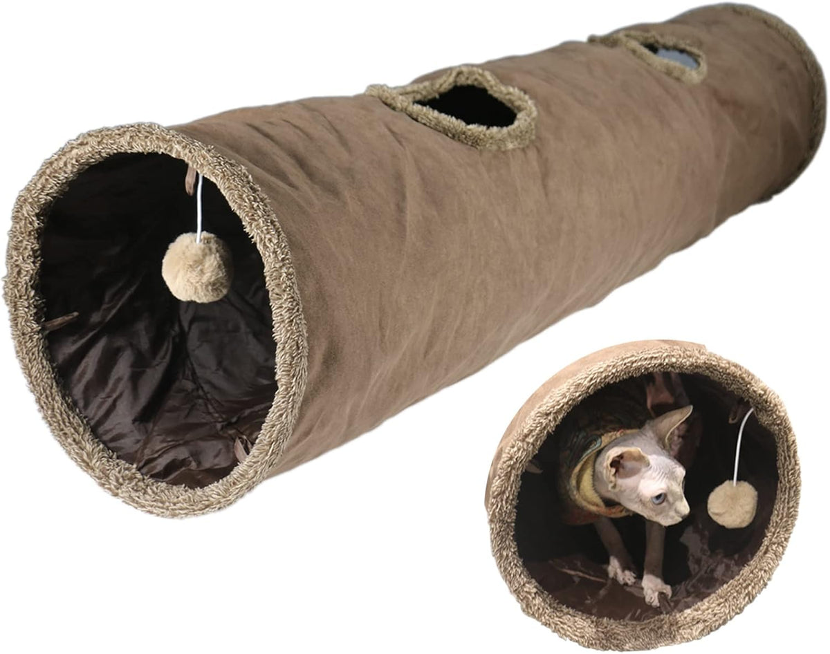 Cat Tunnel for Indoor Cats, 51×12 inch Foldable Big Cat Tunnel - Brown