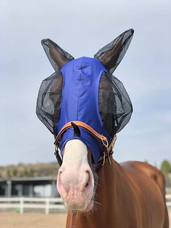 Horse Fly Mask Super Comfort Horse Fly Mask Elasticity Fly Mask with Ears We Only Make Products That Horses Like… (DK Blue, M)