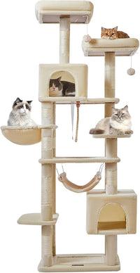 Taoqimiao Cat Tree, 71-Inch Cat Tree Cat Tower for Indoor Cats, Plush Multi-Level Cat Condo with 10 Scratching Posts, 2 Perches,Basket, 2 Caves,Hammock, 2 Pompoms,MS020M Beige