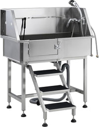 Albott 34 Inch Stainless Steel Dog Washing Station with Non-Slip Steps, Sprayer, Faucet, Tow Rope – Professional Pet Bathtub for Small Dogs, Great for Home, Garage, Salon (Left Door)