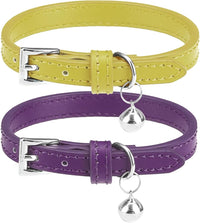 PUPTECK 2 PCS Soft Genuine Leather Cat Kitten Collar with Bells - Yellow Green & Deep Purple
