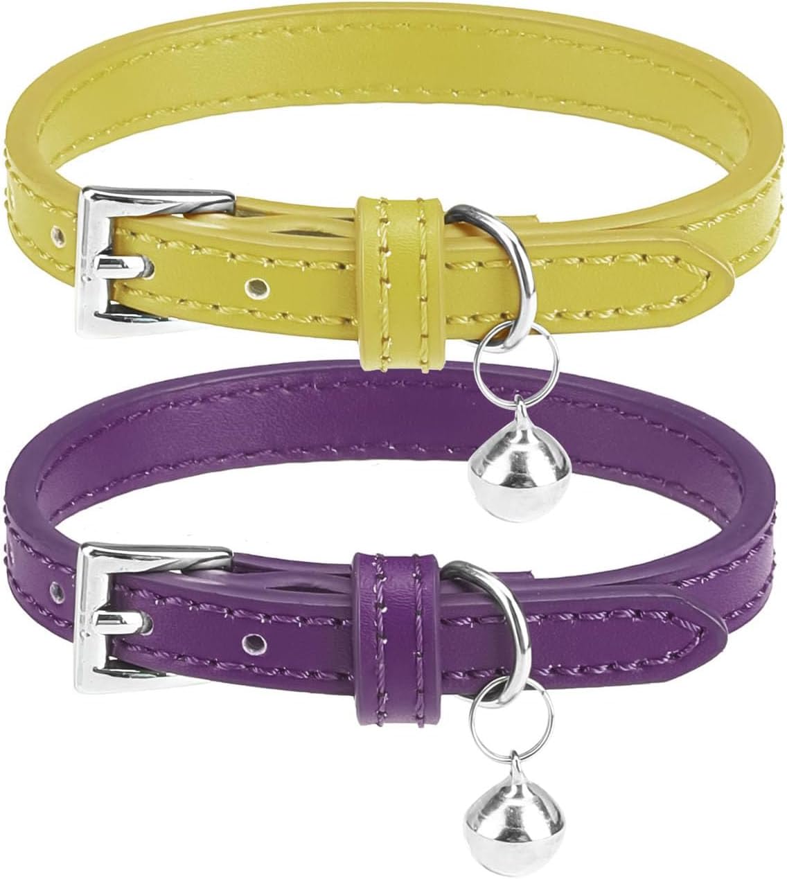 PUPTECK 2 PCS Soft Genuine Leather Cat Kitten Collar with Bells - Yellow Green & Deep Purple