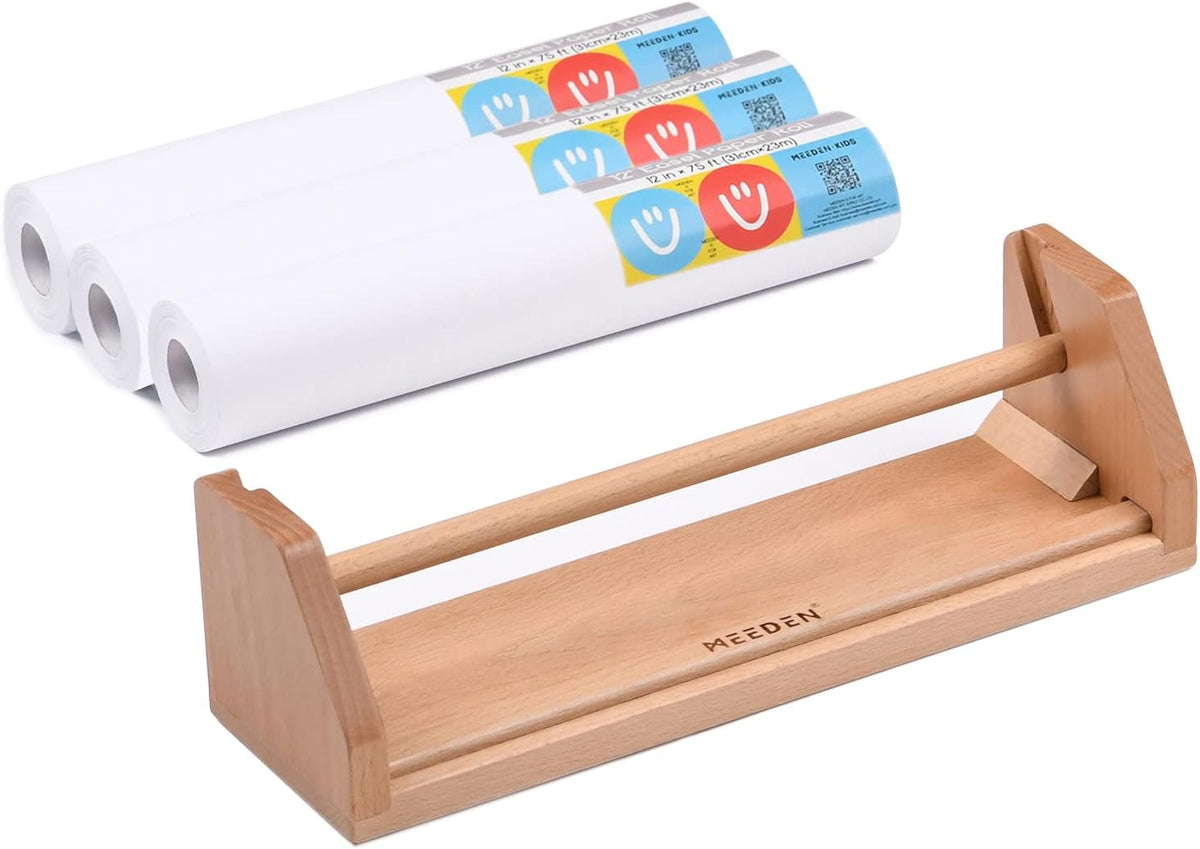 MEEDEN wooden paper roll dispenser and tabletop kids easel with a roll of white drawing paper