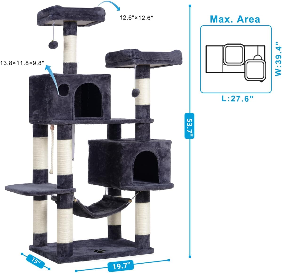 Hey-brother Cat Tree Tower with Sisal Scratching Posts - 53.7 Inches / Smoky Gray - image 3