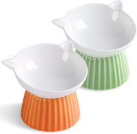 Ceramic Raised Cat Bowl，Tilted Raised Cat Bowl Anti Vomit Cat Bowls - Green+Orange