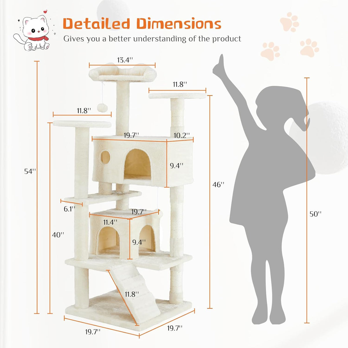Sweetcrispy 54-inch Cat Tree Tower with Scratching Posts - Beige / 54*20*20IN - image 3