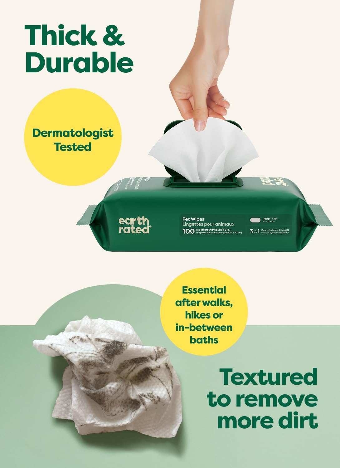 Earth Rated Dog Wipes for Paws & Butt, Deodorizing - Unscented / 100 Grooming Wipes - image 3