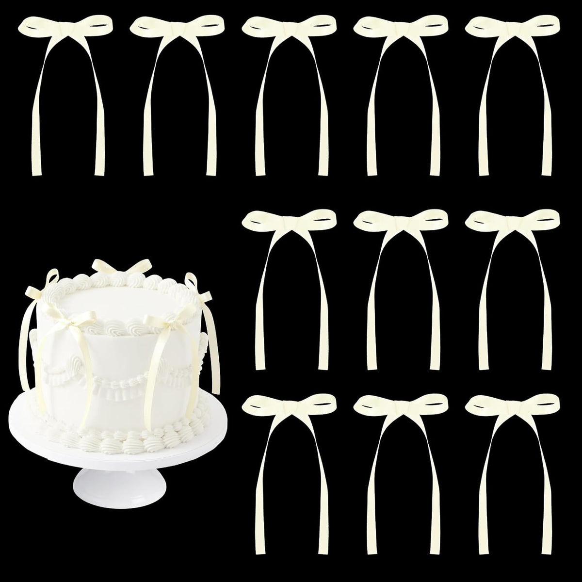 30 Pack Bow Cake Toppers Black Ribbon Bows for Cake Halloween Party - Ivory