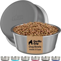 GORILLA GRIP Dog Bowl Set, Food Grade 304 Stainless Steel, 8 Cup - Gray / 2 Cup (Set of 2)