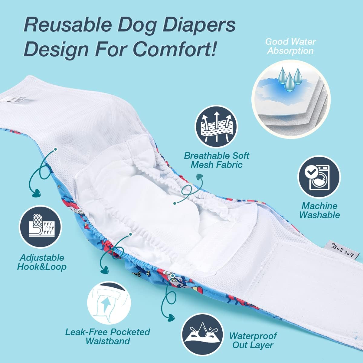 Pet Soft Dog Belly Bands - Washable Dog Diapers Belly Band for Male Dogs, Reusable Male Dogs Wraps - Sailor / Large (14''-18'') - image 2
