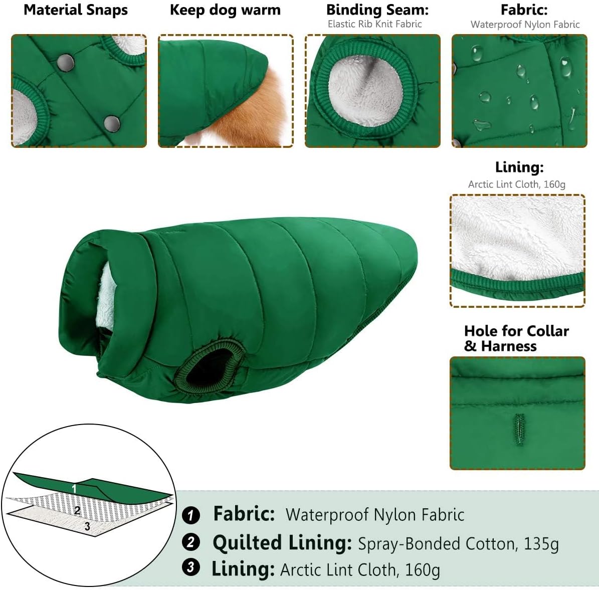 ASENKU Dog Winter Coat Dog Fleece Puffer Jacket for Small Medium - XXX-Large / Green - image 2