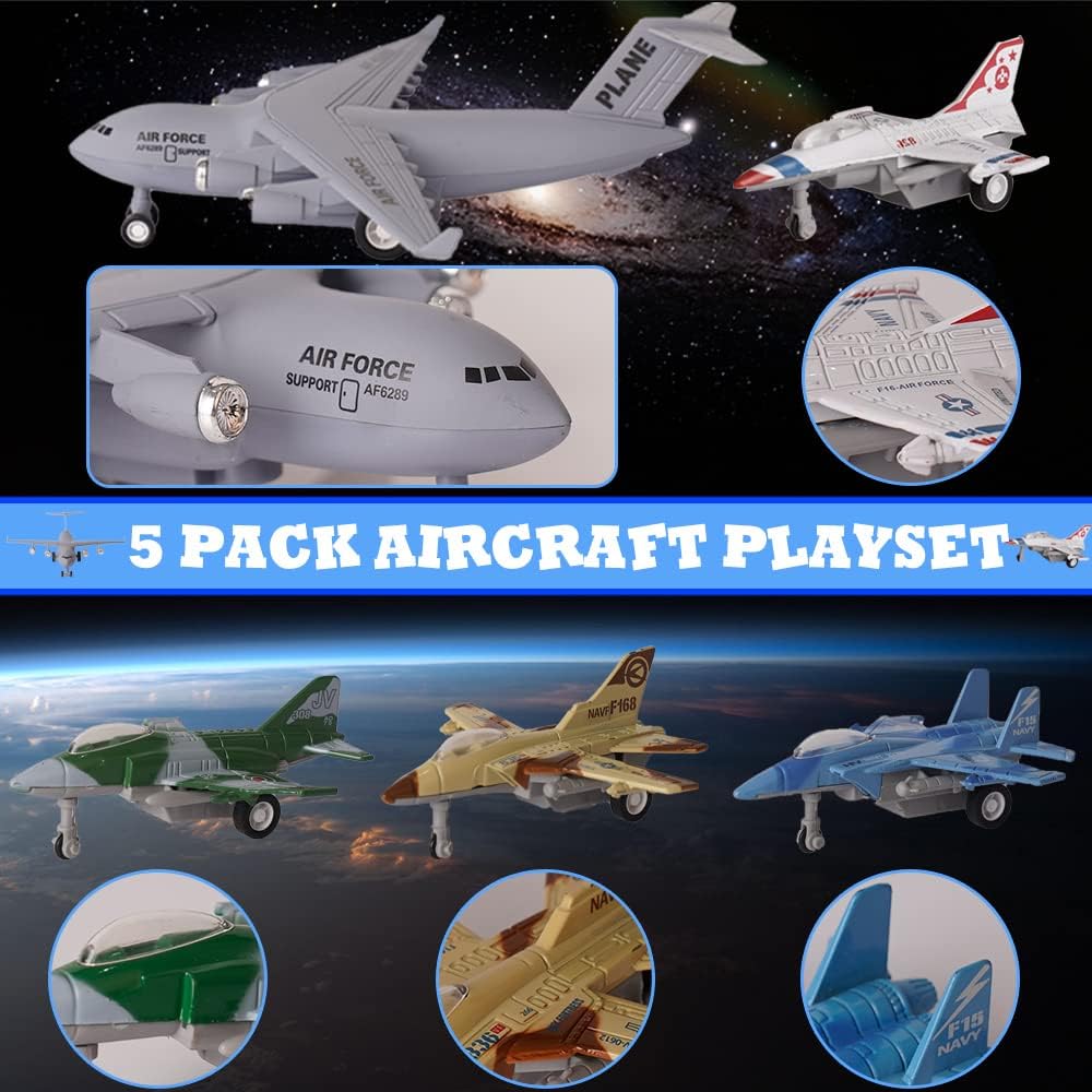 Crelloci army airplane toys set, five die cast military fighter jets and a transport plane - view 4