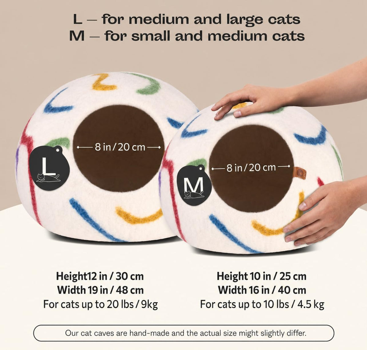 Cat Cave, New Zealand Wool Bed for Indoor Cats - Ivory Rainbow / Large - image 2