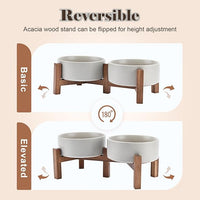 SPUNKYJUNKY Ceramic Dog Bowls Set with Acacia Wood Stand - Raised Dog Food and Water Bowl for Small Dogs (13.52 OZ, Gray)