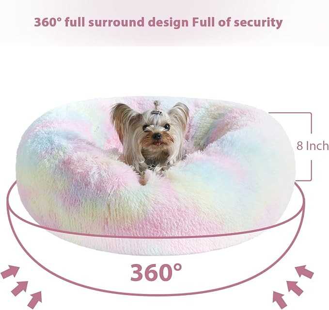 WNPETHOME Calming Dog Bed Cat Bed Donut, Faux Fur Pet Bed Self-Warming Donut Cuddler, Comfortable Round Plush Dog Beds (30 x 30 x 10 Inch, Rainbow)