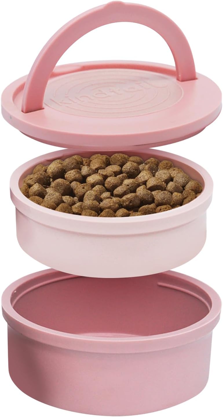 Dog Travel Bowls - Set of 2 Portable Pet Food & Water Dishes with Lid & Handle - Each Nesting - Rose Pink / Small