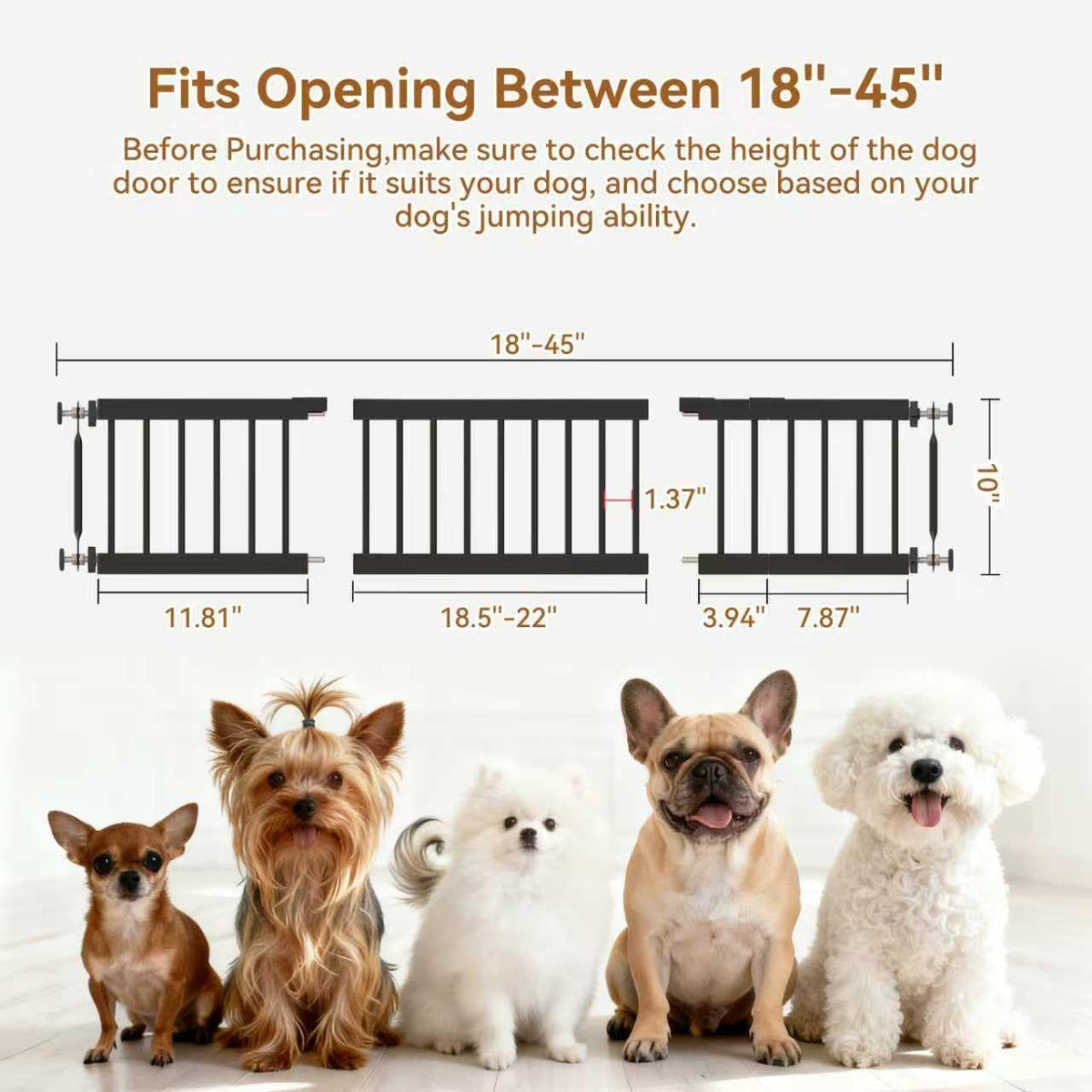 Dog Gate Indoor,18"-45" Adjustable Extra Wide Metal Short Dog Gate to Step Over, 10" Tall Small Pet - 18-45''W*10''H / Black - image 2