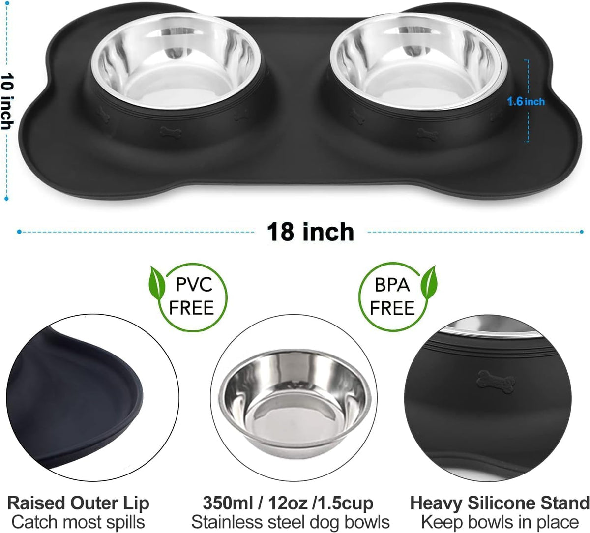 Dog Bowls Stainless Steel Bowls with No Spill Skid Resistant Silicone - Small/12oz each - image 2