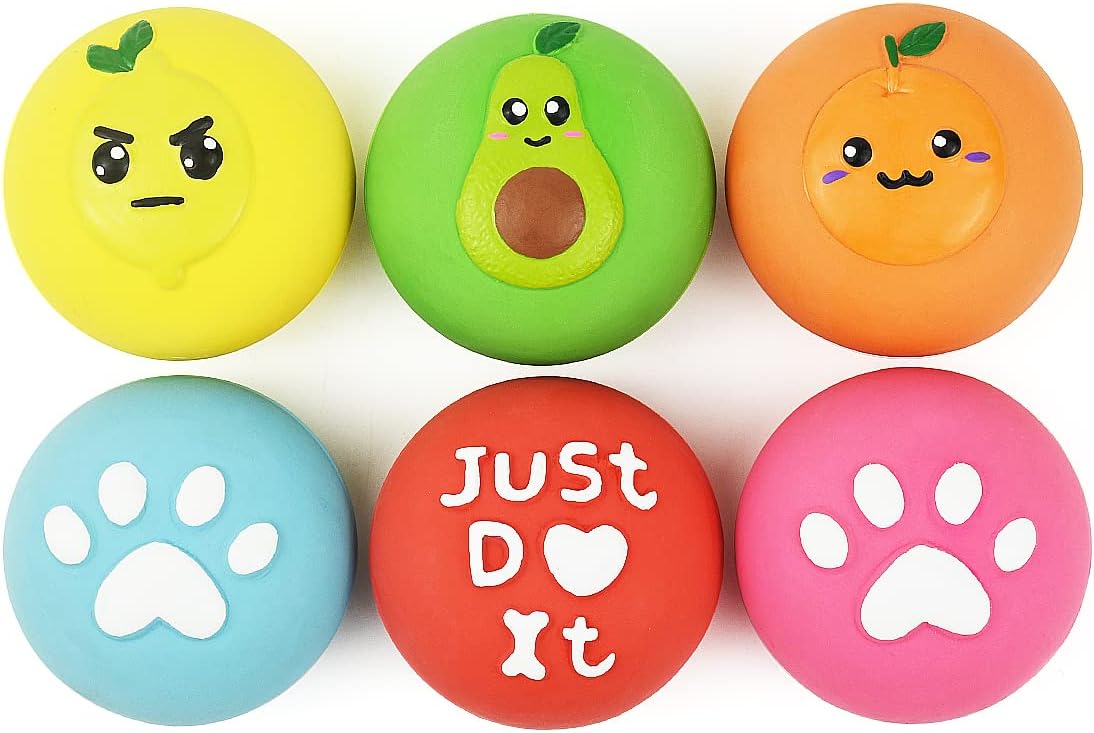 Squeaky Dog Ball, Soft Latex Rubber Squeaky Dog Toys for Small Dogs Puppies, Cute Bounce Squeak - 2.2“ Paw&Fruit - 6 Pack / Small