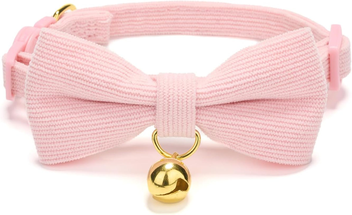 Breakaway Cat Collar with Bow Tie and Bell Adjustable Soft Corduroy - Small: Neck 7.5" - 11.0" / Pink