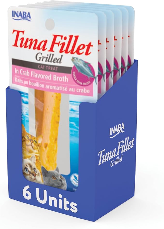 INABA Premium Hand-Cut Grilled Tuna Fillet Cat Treats/Topper with Vitamin E and Green Tea Extract, 0.52 Ounces Each, Pack of 6, Crab Broth