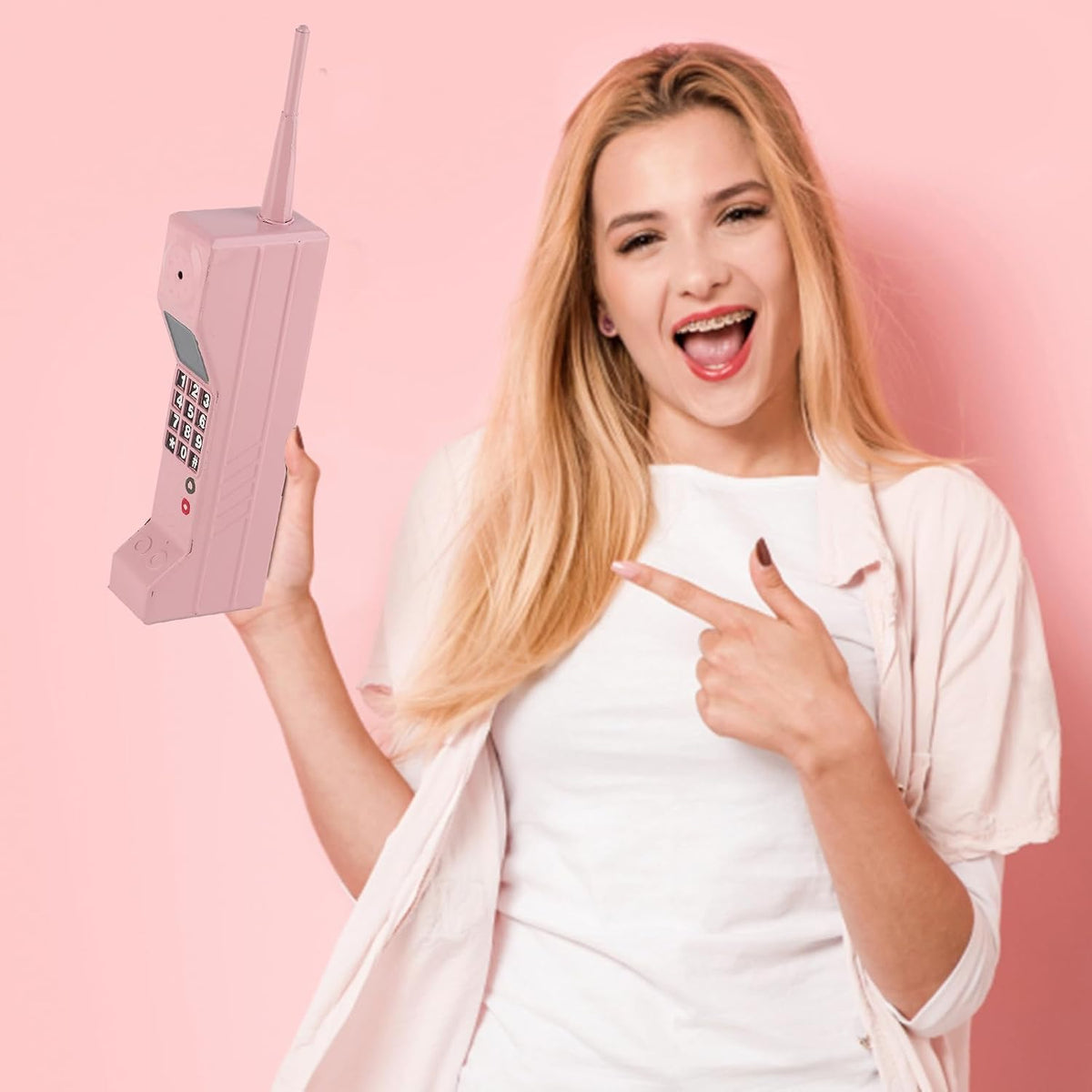 TOTITOM retro brick cell phone prop in pink with printed keys and antenna