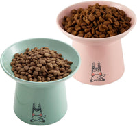 6.5 Inch Extra Wide Ceramic Elevated Cat Bowls - Green & Pink