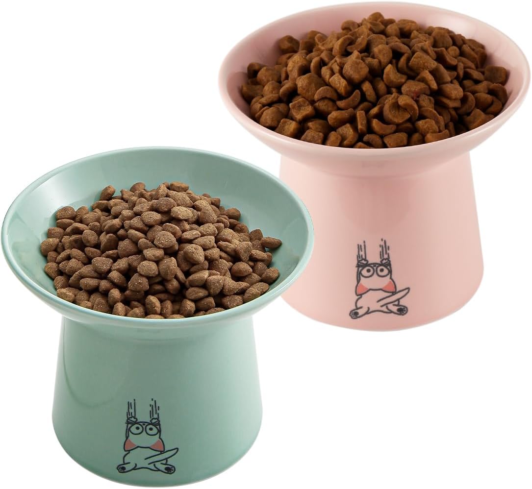 6.5 Inch Extra Wide Ceramic Elevated Cat Bowls - Green & Pink