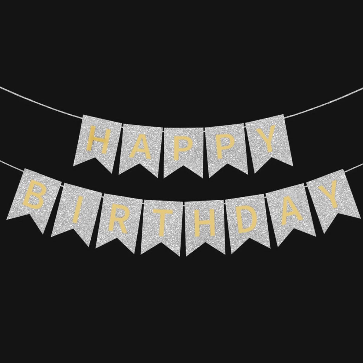 Happy Birthday Banner,Pre-Strung Black and Gold Party Decorations，16ft Pre-Strung Hanging Sign - silver