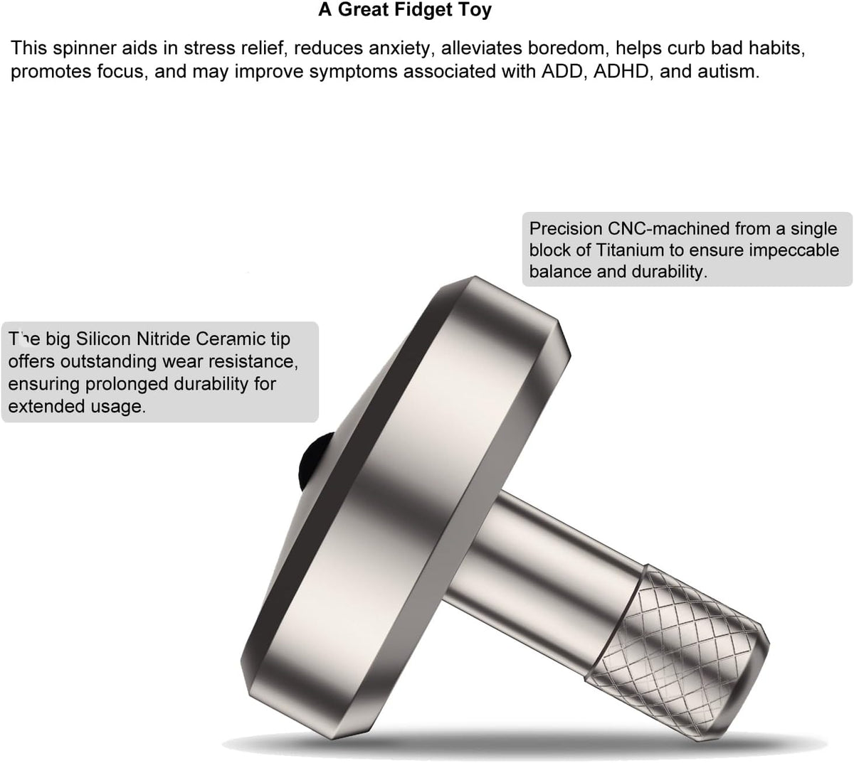 DjuiinoStar CNC machined stainless steel spinning top with ceramic tip and knurled grip - view 15