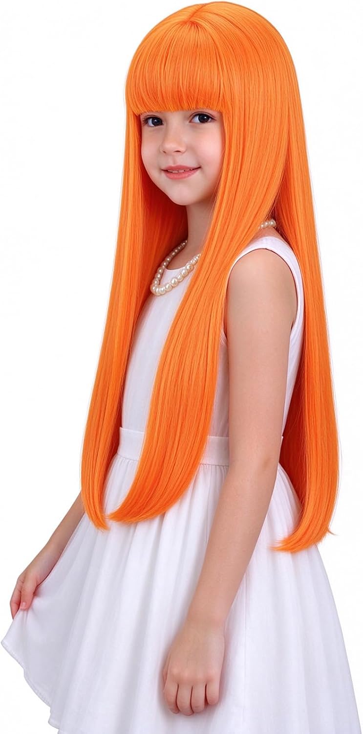 WAVELNM kids long straight black wig with hot pink highlights and bangs - view 12